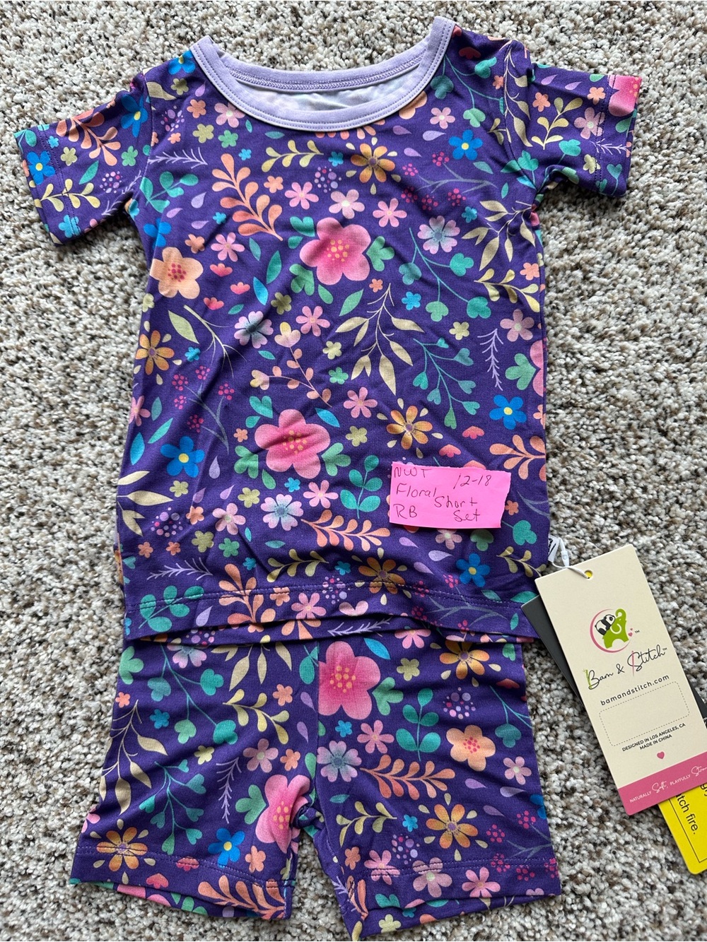 Purple Floral Kids Bamboo Short Pajama Set or Day Wear